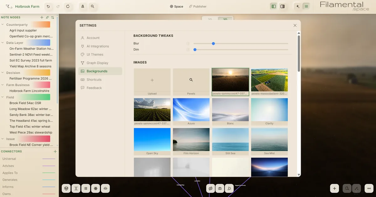 The Backgrounds panel in Settings. A grid of named canvas backgrounds sits under an Upload tile and a Pexels search tile, with Blur and Dim sliders above them, and the settings sidebar lists Account, AI Integrations, UI Themes, Graph Display, Backgrounds, Shortcuts and Feedback.