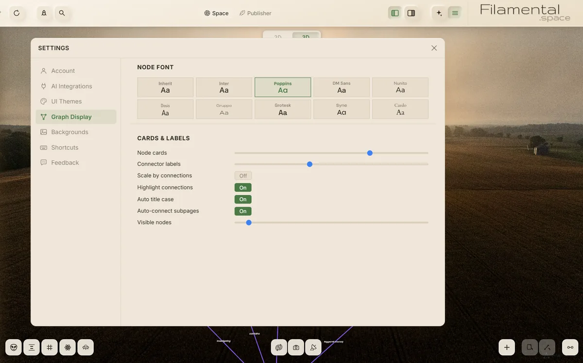 The graph display settings open over a space. A Node font row offers ten typefaces as live samples, Inherit plus nine named faces, with one selected. Below it Cards and labels carries a slider for node card size, a slider for connector label size, and switches for Scale by connections, Highlight connections, Auto title case and Auto-connect subpages, then a slider setting how many nodes are visible at once.