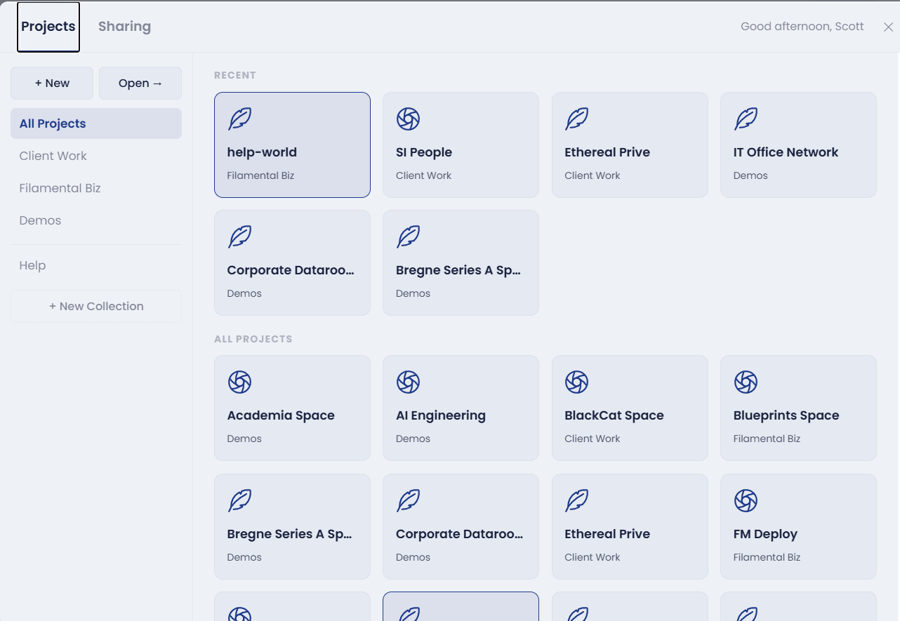 The Projects window, listing saved worlds as cards grouped into collections down the left