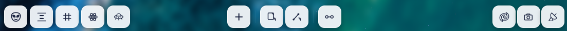 The bottom toolbar, a row of icon buttons over the canvas: view and layout controls on the left, add node, add page and connect in the middle, and export controls on the right