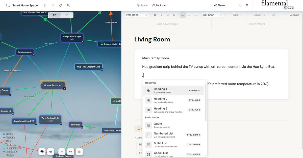 A page being written in Publisher with a slash typed into the body and the block menu open beneath it. The menu is grouped, with Headings offering Heading 1, 2 and 3 against their keyboard shortcuts, and Basic blocks offering Quote, Numbered List, Bullet List and Check List. The page itself is a room in a smart home space, and the graph beside it shows the hub, the bridge, the lights and the sensors joined by connectors named Controls, Integrates With, Located In and Triggers.