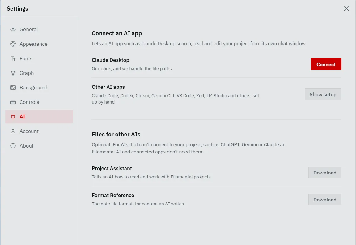 The Settings dialog open on AI, in the app&rsquo;s light theme, with the left rail listing General, Appearance, Fonts, Graph, Background, Controls, AI, Account and About. Under Connect an AI app, Claude Desktop is listed with the line One click, and we handle the file paths, and a red Connect button beside it. Below that, Other AI apps names Claude Code, Codex, Cursor, Gemini CLI, VS Code, Zed, LM Studio and others, set up by hand, with a Show setup button. Under Files for other AIs, Project Assistant and Format Reference each have a Download button.